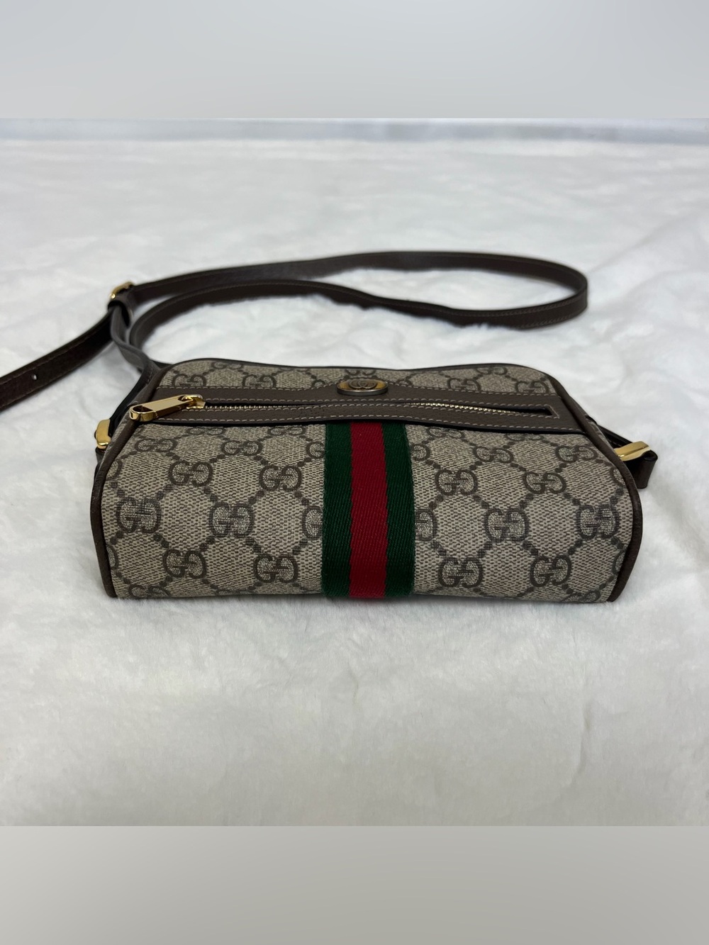 Gucci Beige GG Supreme Canvas Mini Crossbody Bag Brown Trim - Picture 13 of 16